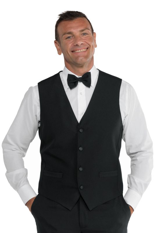 Gilet Unisex con gemelloQuesto gilet unisex è provvisto di gemello nero. Ideale per settore alberghiero e servizio in sala. ideale come divisa da lavoro per bar