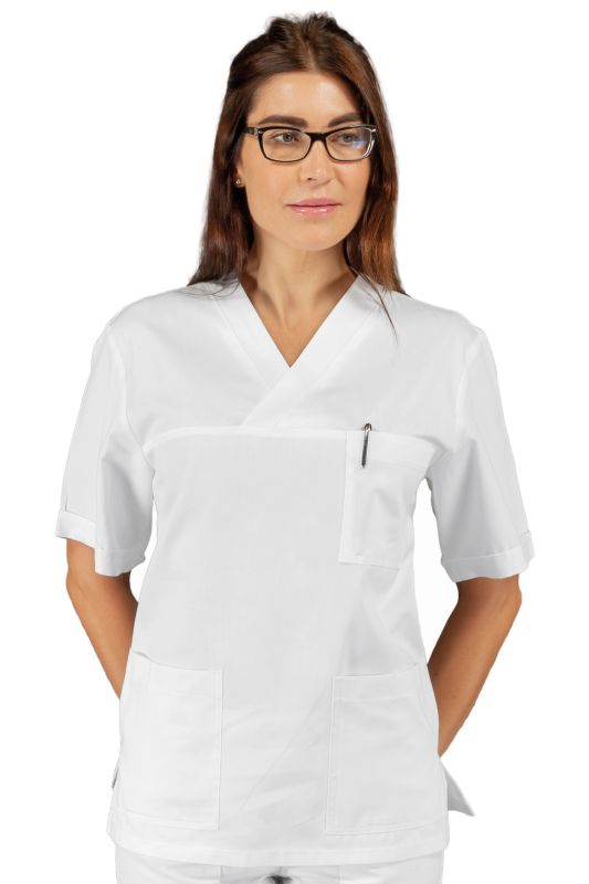 Casacca Collo a V Mezza ManicaCasacca con collo a V unisex a mezza manica bianco. Per settore medicale