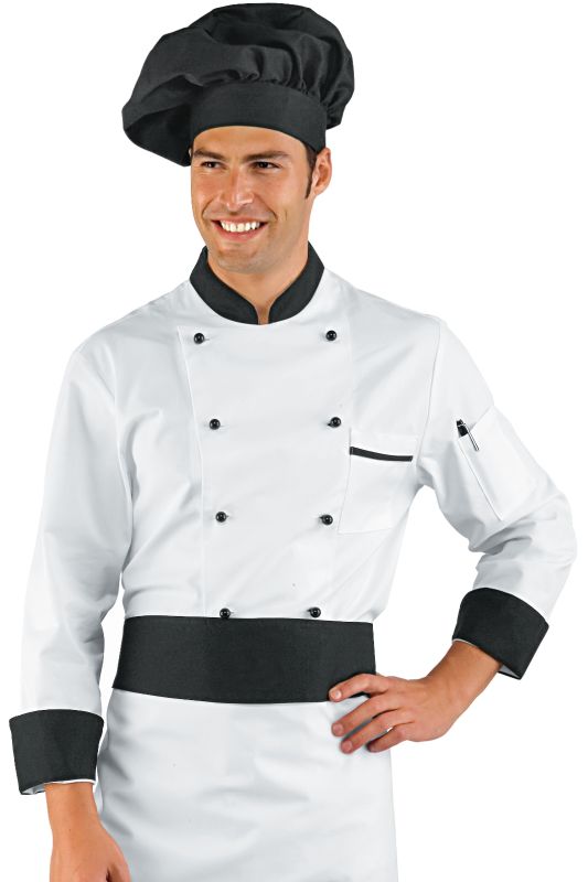 Giacca Cuoco BicoloreLa Giacca da Cuoco con contrasto modello classico unisex a manica lunga bianco e nero. Ideale come divisa per uomo e donna da chef in cucina