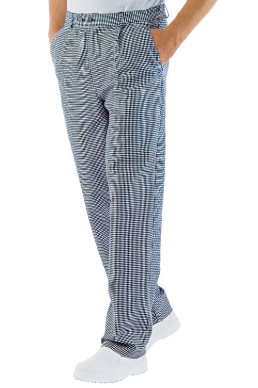 Pantalone CuocoPantalone da cuoco pied de poule. Ideale per settore alimentare. Utilizzata come divisa da lavoro per cucina da chef e cuoco. Con elastico ai lati e bottone in vita